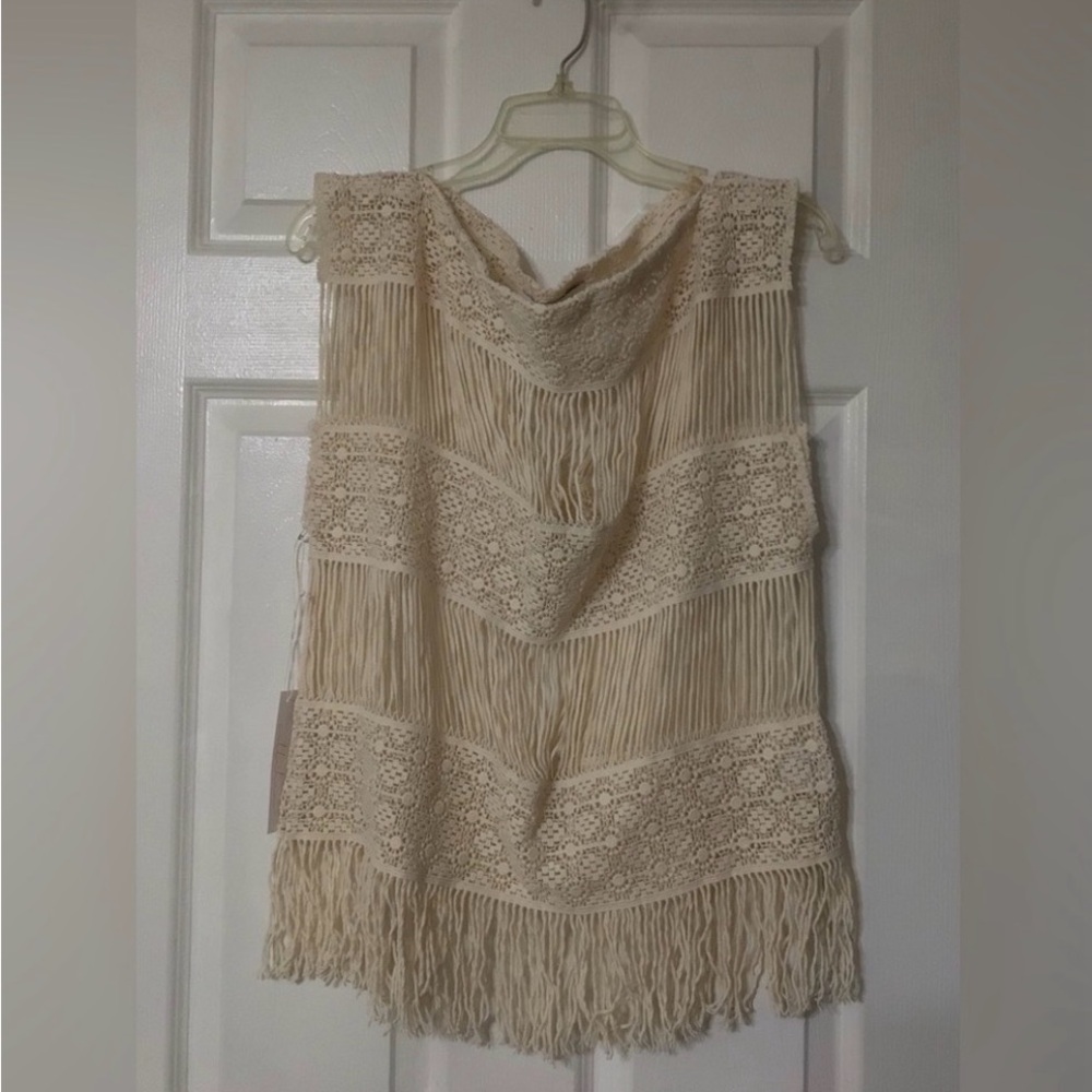Callahan Women’s Crochet Knit Cream Color Fringe Top Size S